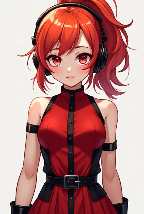 The image features a girl with striking red-orange hair styled in a high ponytail with a loose strand of hair framing her face. She has red eyes that match her hair and is wearing a red dress with black accents, giving her a bold and fierce appearance. The...