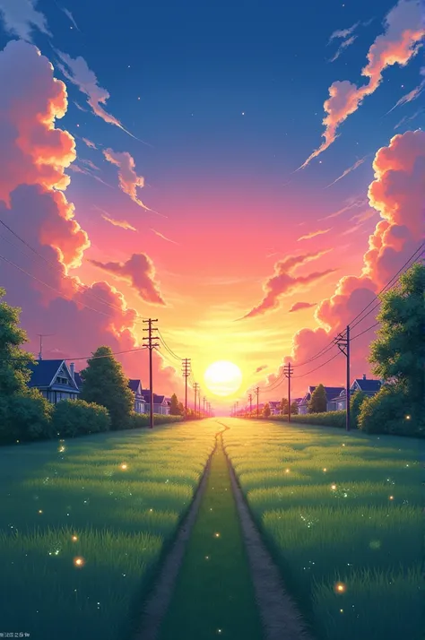 Beautiful Japanese neighborhood The land is full of grass, a view with sunset in the sky and clouds, a beautiful sparkling scenic view. Anime