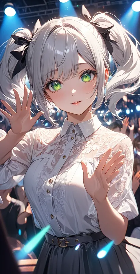 Ultra high resolution, rich colors, perfect image, top quality, detailed image, beautiful woman, glowing skin, texture of skin and clothes, delicate eyes, live venue, audience, (((waving penlights with both hands))), white shirt, silver hair in twin tails,...