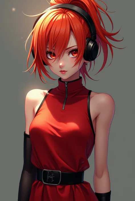 The image features a girl with striking red-orange hair styled in a high ponytail with a loose strand of hair framing her face. She has red eyes that matches with her dress is wearing a red dress with black accents, giving her a bold and fierce appearance....