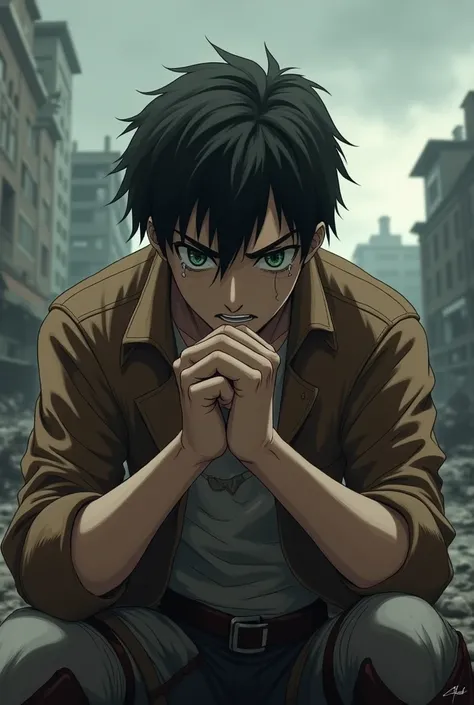 Eren Yeager crying after losing his teammates