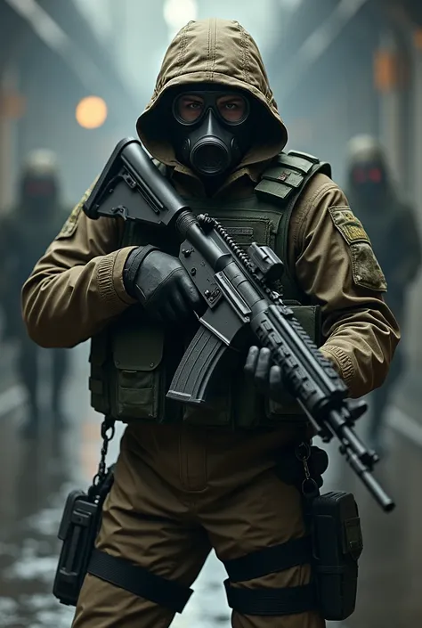 russian soldier, pointing the firearm at the viewer, with gas mask 