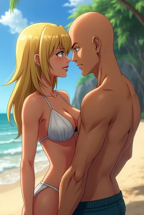 ((android 18)) At the beach, bikini, big breasts, blushing, having sex with Krillin

