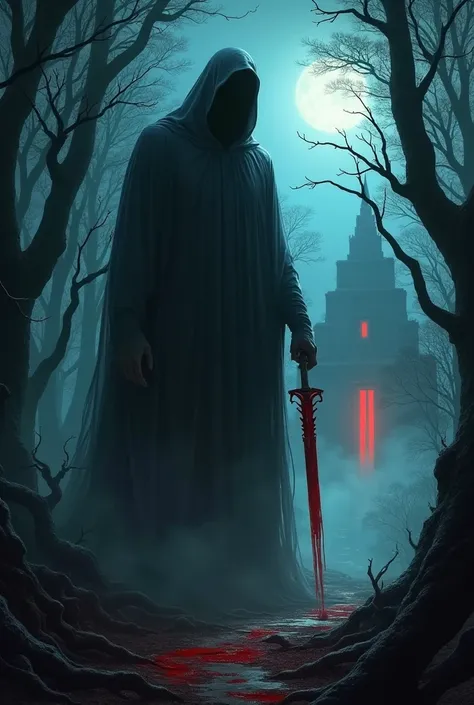 "Create a terrifying scene in a dark, dense forest at night. In the middle of the forest, a shadowy figure stands—headless and holding a bloodied sword. This figure is tall and imposing, with blood dripping from its neck. Surrounding the figure, the forest...