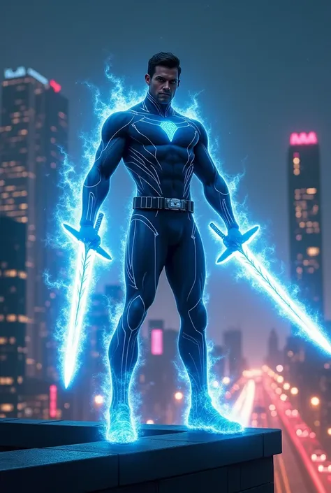 The superhero is a tall and muscular male figure in his mid-20s, with an athletic build and defined muscles. His costume is sleek and futuristic, made of a dark, form-fitting material with glowing blue accents that match the color of his swords. The suit i...