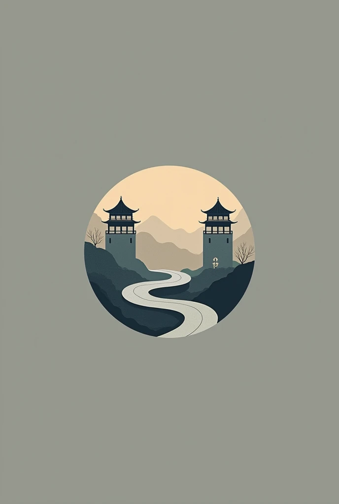 Create a GJ letter logo that incorporates elements of 2 ancient Chinese pagodas and roads, with a simple, minimalist style and gradient