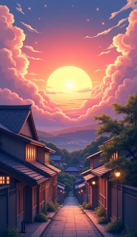 Beautiful Japanese neighborhood and Japanese houses. View with sunset and clouds. A stunning and sparkling view, Anime