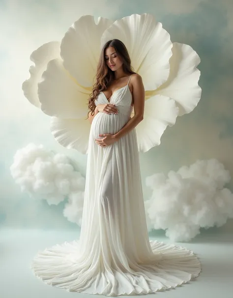 The woman in the image has long, wavy hair cascading down her shoulders. She is wearing a flowing white gown that drapes elegantly to the floor, showcasing a serene and ethereal quality. Her pose is gentle and maternal, with her hands tenderly cradling her...