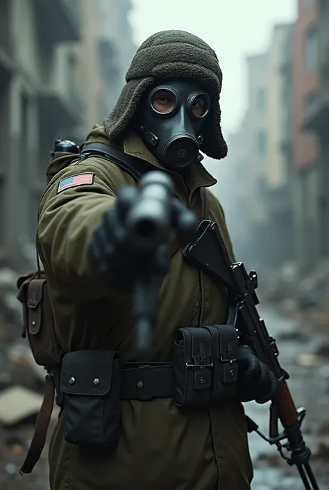 russian soldier, pointing the firearm at the viewer, with gas mask, and wearing Soviet Ushanka