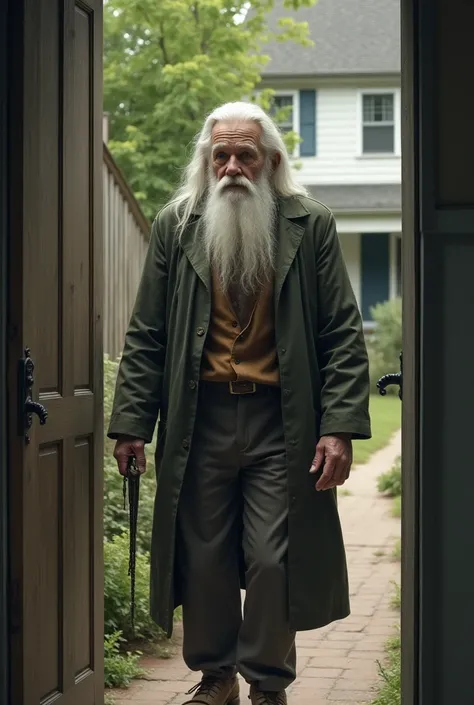 man with long white hair, leaving his house with keys in hand