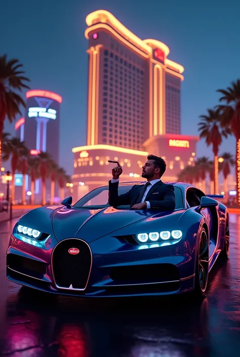 A man sitting on his Bugatti Chiron behind a world class 7 star big hotel with smoking cigar make the neon light effect lol with absolutely real 