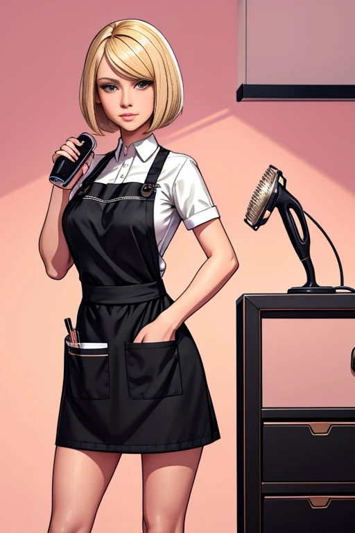 blonde bob hairstyle, black outfit, holding a hairdryer in one hand and a hair straightener in the other, scissors and comb in an apron pocket, standing pose, looking straight ahead, indoor setting, warm pink background with a golden frame, professional at...