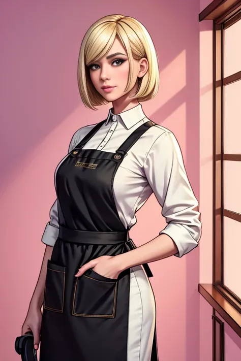 blonde bob hairstyle, black outfit, holding a hairdryer in one hand and a hair straightener in the other, scissors and comb in an apron pocket, standing pose, looking straight ahead, indoor setting, warm pink background with a golden frame, professional at...