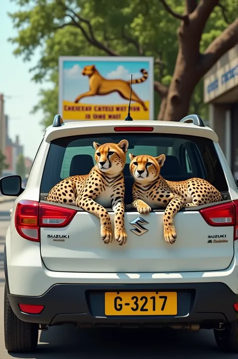 Two cheetah laying in white suzuki Garand vitara urban ,white G3217 plate number in big tree and bord that with a picture of a jumping cheetah and a yellow text underneath that says cheetah conservation fun