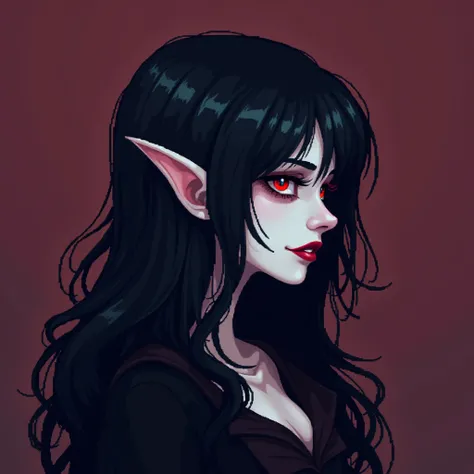 Pixel art female vampire, top of the neck, profile, fangs, pointed ears, red or blue eyes, long black hair, solid color background, pale transparent skin, mysterious atmosphere, ethereal aura　16×16 pixels