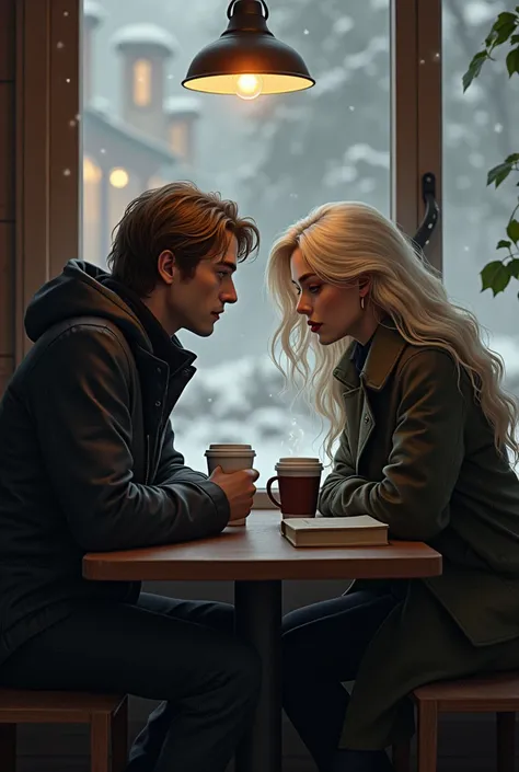 Adult couple in a coffee shop with books in winter. Man with light brown straight hair, woman with long wavy platinum hair.
Enemies but united