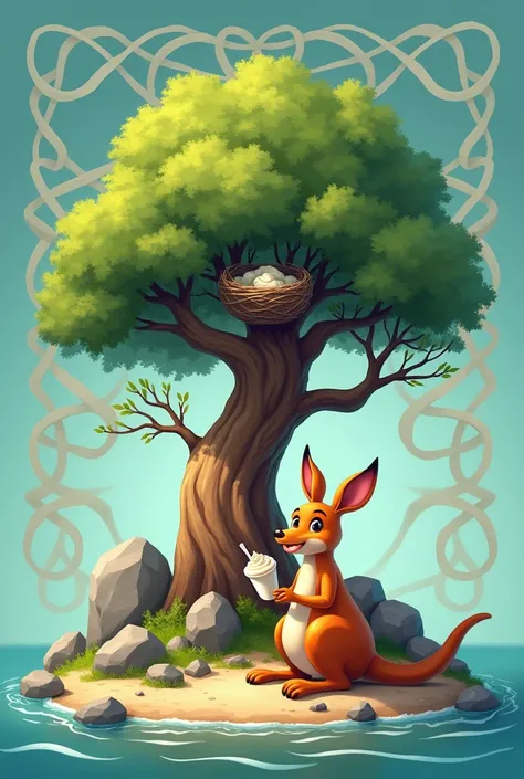 Image representing an island with a tree with a nest in the tree surrounded by a knot with a kangaroo eating a yogurt lying in the stones 