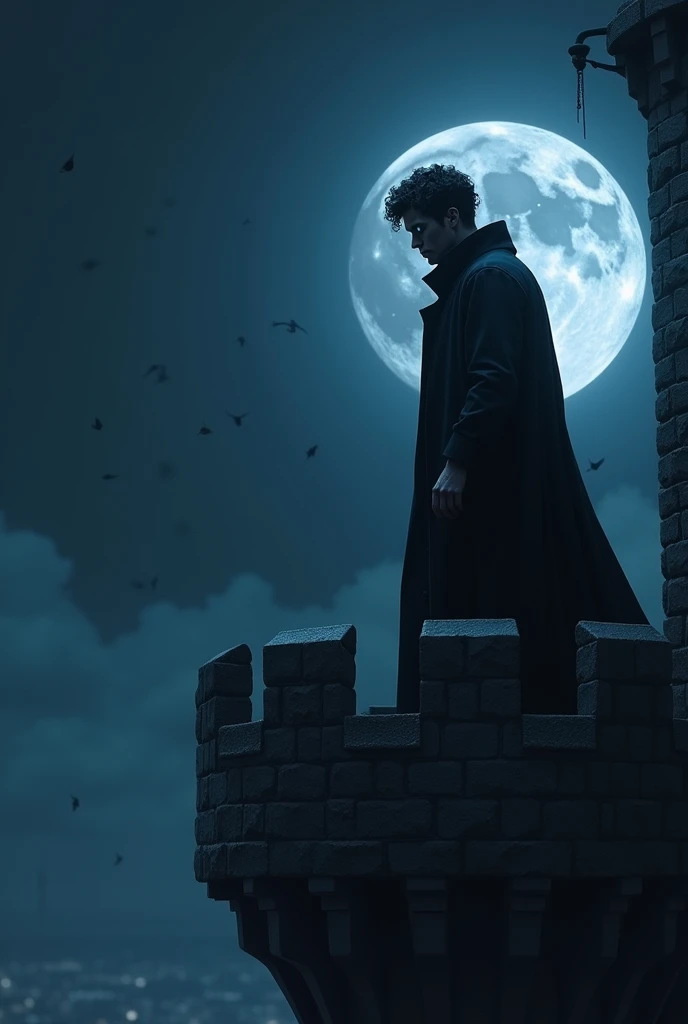 A man with black hair and intense blue eyes. He is on the balcony of a castle tower, facing the sky. it&#39;s night. An intense darkness. 