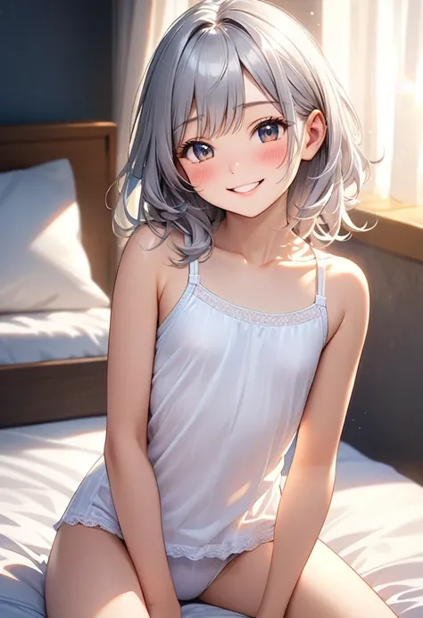 long grey hair, beautiful face,smiling,close up to hips ,sitting on a bed,wearing white sleepwear, (open mouth:0.4),illustration,detailed textures,ultra-detailed(realistic),portrait style,vivid colors,soft lighting. blushing,, flat chest
