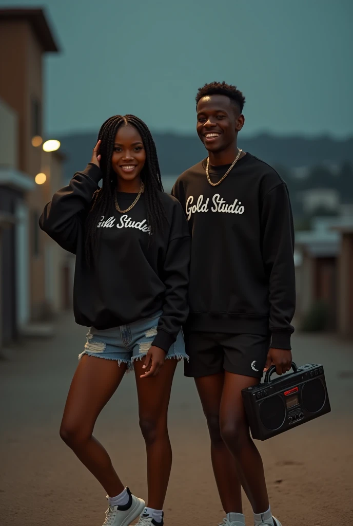 instagram photo, 21yo 2 africans man, woman, 1 with 
 plaited hair, 1 with short hair, black hair, distant shot landscape, pullovers, with label "GOLD STUDIO" written on the pullovers, shorts, tennis shoes, hand on her hair, gentle smile, laughing, makeup,...