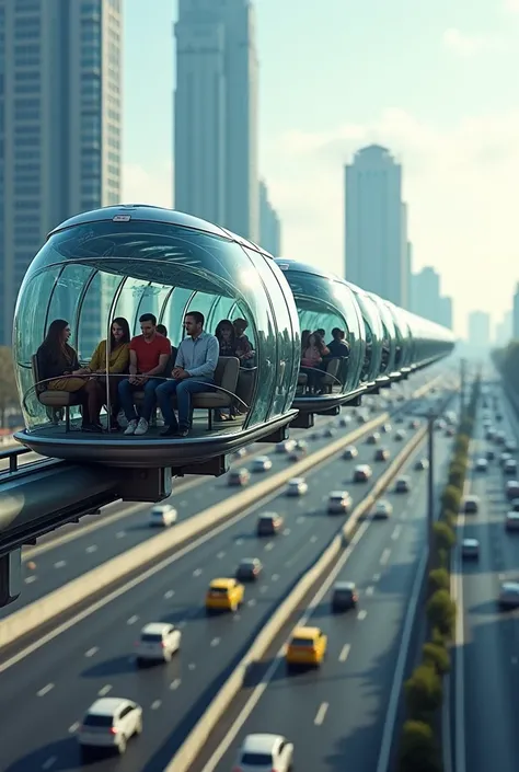 Seats inside a glass panel with passengers above highway