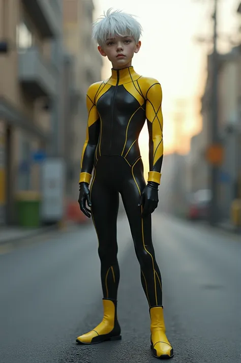 An androgynous teenage boy(male) of young appearance and light complexion in a black and yellow leotard, standing on asphalt road