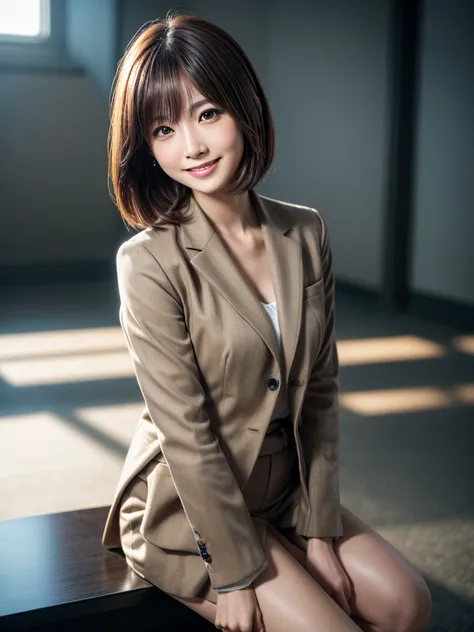 Highest quality, Realistic, Very detailed, finely, High resolution, 8k, Cinema Lighting, 1 person, Beautiful Japanese Women, 30 years old, light brown straight bob hair, Wear a business suit, (Blurred Background, indoor, noon, Light of the sun), Sharp focu...