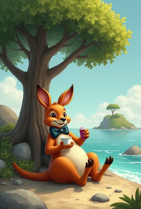 Image representing an island with a tree with a nest in the tree surrounded by a kangaroo wearing a bow tie and eating a yogurt lying in the stones 