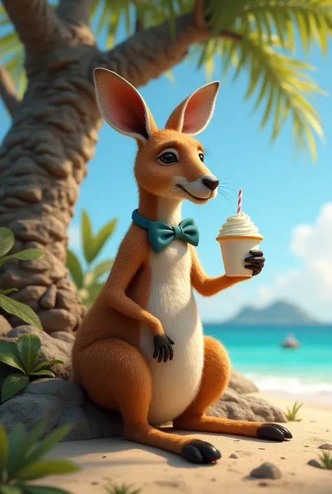 Image depicting an island with a tree with a nest in the tree with a kangaroo wearing a bow tie and eating yogurt lying in the rocks 