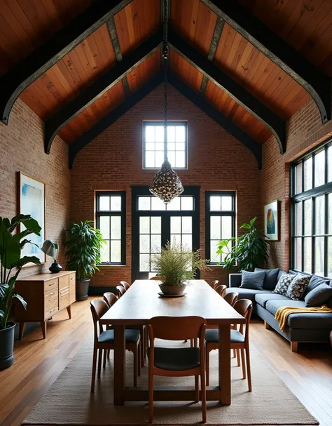 house built from a renovated barn, cozy soho loft style, black steel windows, exposed wood beams, large dining room table, interior design by Roman & Williams