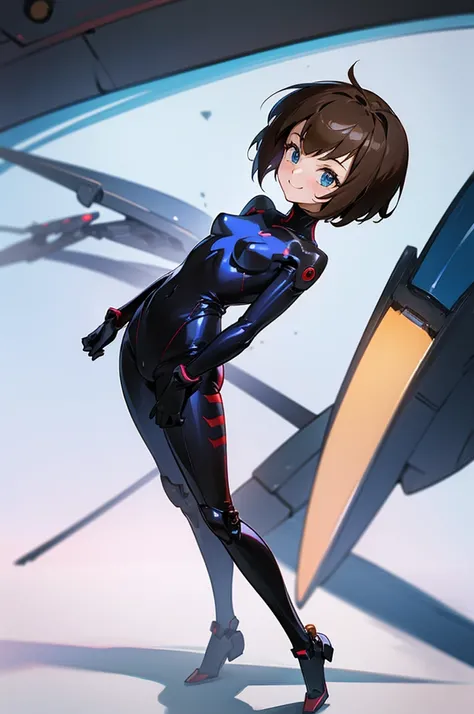 1girl, solo, breasts, looking at viewer, smile, blue eyes, brown hair, standing, full body, bodysuit, shadow, robot, mecha, science fiction, pilot suit, plugsuit,peniparker