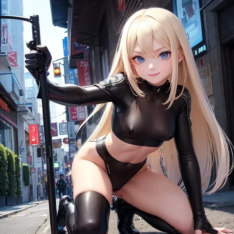 (Small children.Cosplay.he is short.Beautiful white skin.Sharp, large eyes.Lean, muscular body.Blonde.Long Straight Hair.Beautiful blue eyes.Thin eyebrows.Dark eyeshadow.Very small breasts.Very thin chest.Narrow waist.Skin is radiant).(Sexy see-through bla...