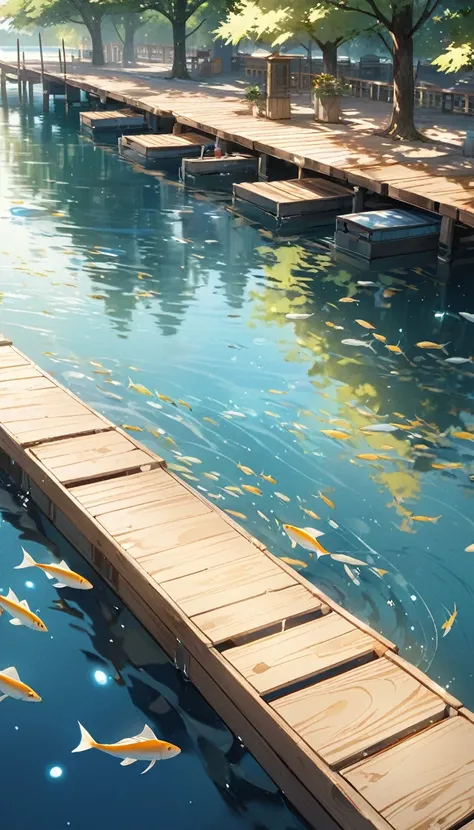 Close-up of small wooden boats docked at the pier,Gently swaying with the sparkling lake surface。Sunny summer day,The wooden plank road on the pier presents beautiful tree shadows in the sun。The water surface sparkles with little golden lights,Occasionally...