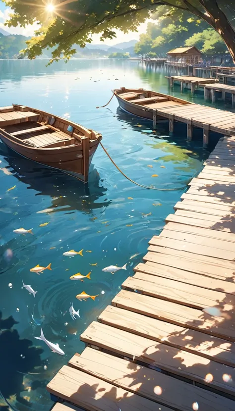 Close-up of small wooden boats docked at the pier,Gently swaying with the sparkling lake surface。Sunny summer day,The wooden plank road on the pier presents beautiful tree shadows in the sun。The water surface sparkles with little golden lights,Occasionally...