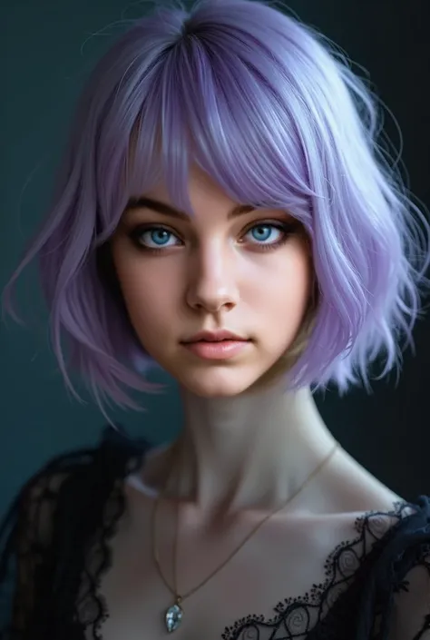 The image of the vampire, 1 Woman, ((doesnt look at the camera)), ((Light purple hair)), Bob Hair, ((big blue eyes)), Model appearance, fitness body, cute face, 20 years old, high quality, 8k