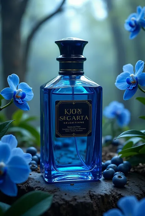 un parfum pour homme à lodeur de myrtille, dorchidée bleue, de lys noire et de bois combiner dans un sublime flacon poser dans un magnifique décor elfique et entourer de myrtilles et dorchidées bleues