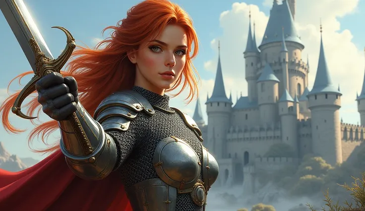 Rugged, female, paladin, long red hair, chain mail armor, light colored eyes, sword in hand, pale skin, medium strong build, castle in background, art, michael whelan, 2D, fantasy