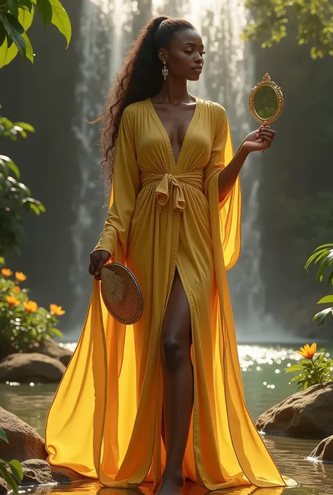 black woman of radiant beauty, with golden robes that symbolize gold and butterflies. In one hand, she holds a golden metal fan, and in the other, a mirror, both symbols of her vanity and care for her appearance. The setting may include a waterfall, with y...