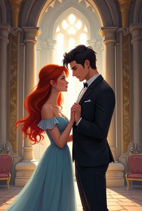 An adult couple holding hands in a castle. The red-haired girl in a light blue dress. The man with black hair and blue eyes wearing black, his face is youthful and his body is muscular. 