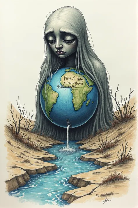 A sketch containing a text of conserving water with the theme of misusing the water and the drawing should be more complex and should contain the image of the world which is sad