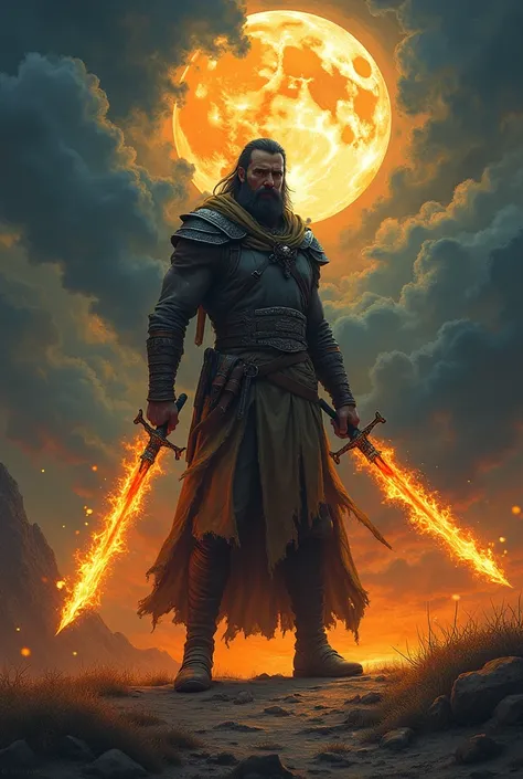 Tall man with a warrior suit of brown and dark with brown and vibrant colours of flaming sword on both hands standing under Impressionistic realism, a prominent full moon on a stormy night, orange glow, violent thunderstorm, the image has a confounding eff...