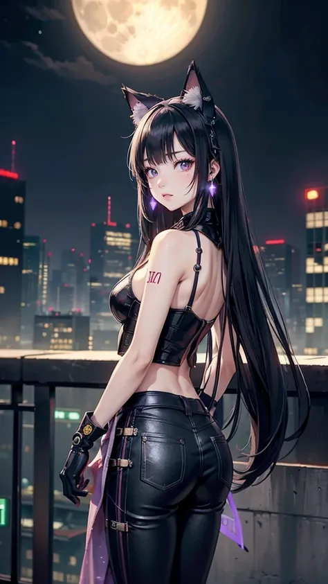 a beautiful anime girl with cat ears, standing on a rooftop in front of full moon, in the style of dark amber and light gold, hyper-detailed portraits, japanes cyberpunk, 8k uhd, moon, animal ears, purple eyes, jewelry, earrings, full moon, night, long hai...