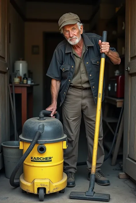 A photo with an old man whos using a Karcher WD4 vacuum
