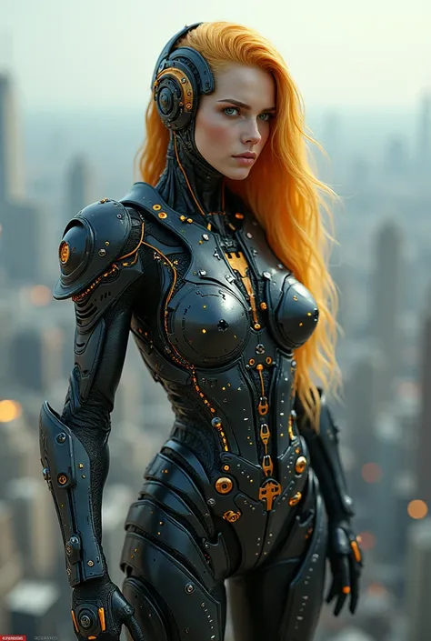 Femme cyborg, mechanical face, armor covered with diodes, electrical wiring, yellow hair, Longhaire, skyscraper roof