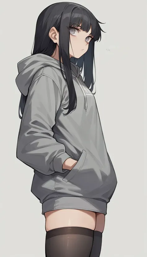 1girl, (black hair, long hair, grey eyes, grey hoodie, black miniskirt, black thigh-high stockings, black plimsolls) (leaning ba...