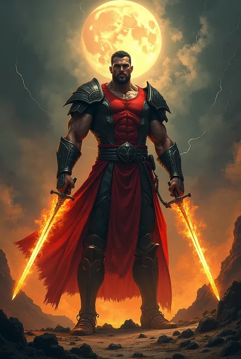 Tall and muscular man with a warrior suit of red and dark with red and vibrant colours of flaming sword on both hands standing under Impressionistic realism, a prominent full moon on a stormy night, orange glow, violent thunderstorm, the image has a confou...