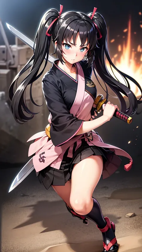 High resolution, One Girl, chest, blush, Highest quality, accessories, Long Hair, Twin tails, anime, Futuristic, , Landmine type black hair,日本knife,knife