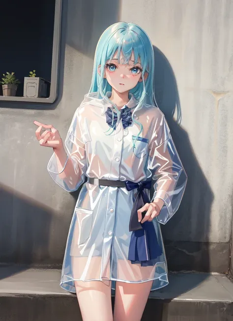 Transparent raincoat,Cowboy Shot,Lower the hood,school uniform,, masterpiece,One girl,cute