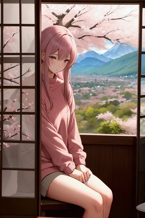 focused, medium-length straight hair, pink sweater, casual style, no visible accessories, sitting, writing in a notebook, looking down, smooth skin, indoor-outdoor blend, traditional room with sliding doors, cherry blossoms and mountains in the background,...