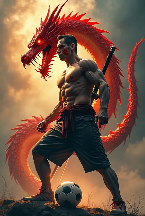 make me a dragon banner design that turns into a white human and has big muscles that are very scary, and his left eye was injured like a downward scratch, and the human dragon with big muscles has a sword placed behind his back and under his feet is a soc...